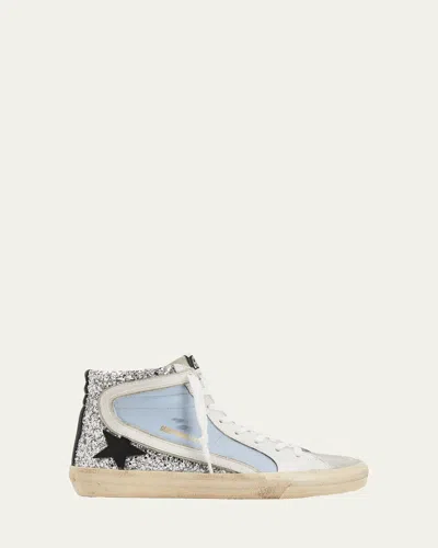 Golden Goose Slide Mid-top Glitter Leather Sneakers In Blue
