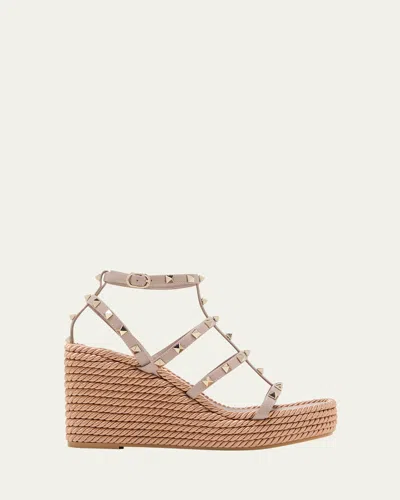 Valentino Garavani Rockstud Ankle Strap Wedge Sandal In Calfskin Leather 95 Mm Woman Skin 41 In Neutral