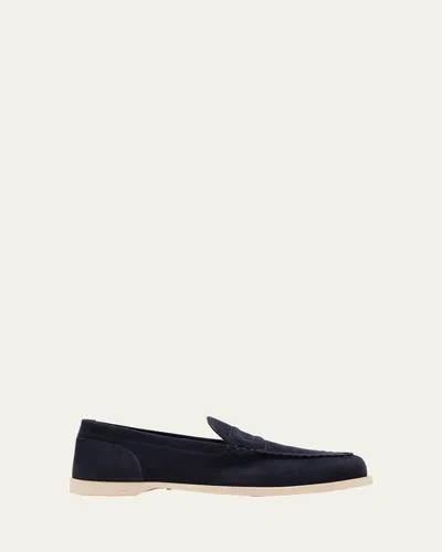 John Lobb Navy Blue Suede Pace Loafers In Blue