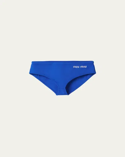 Miu Miu Logo-embroidered Bikini Bottoms In Blue