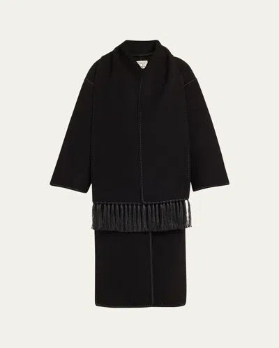 Totême Fringe Embroidered Scarf Wool Coat In Black