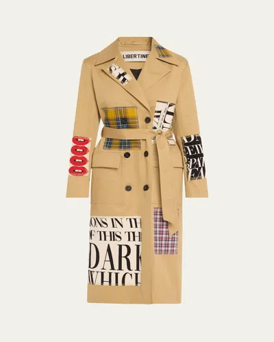 Libertine Patch Happy Belted Long Trench Coat In Brown