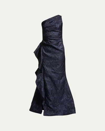 Rickie Freeman For Teri Jon One-shoulder Jacquard Side-ruffle Gown In Blue