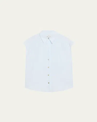 Vince Cap-sleeve Linen Button-front Blouse In Blue