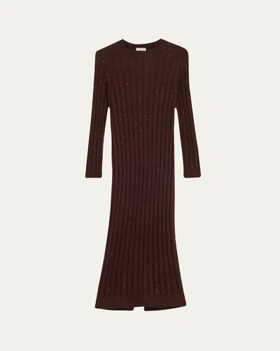 Brunello Cucinelli Mohair Pailette Cable Knit Maxi Sweater Dress In Burgundy