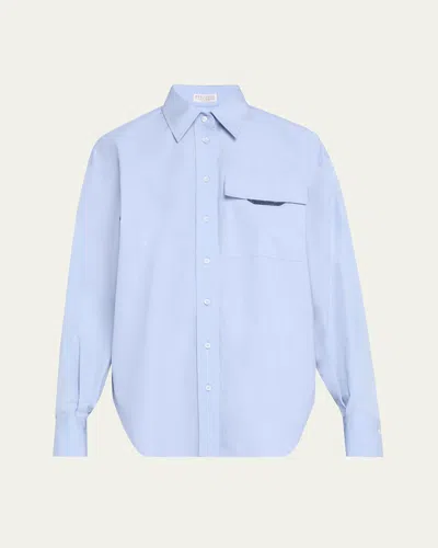 Brunello Cucinelli Matte Poplin Shirt With Monili Flap Pocket In Blue