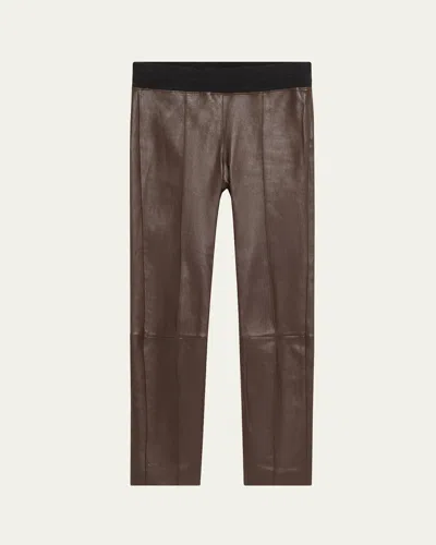 Brunello Cucinelli Leather Stretch Front Seam Leggings In Brown