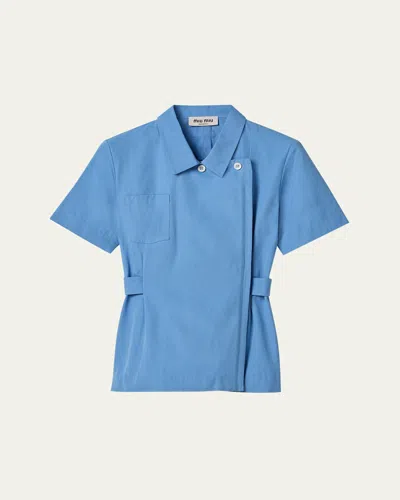 Miu Miu Poplin Shirt Featuring Belted Waist And Buttons In Blue