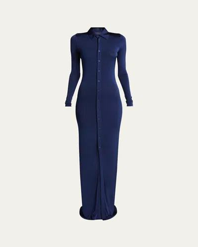 Balenciaga Stretch Maxi Button Down Dress In Blue