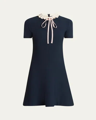 Valentino Ribbon Ruffle-trim Knit Mini Dress In Blue