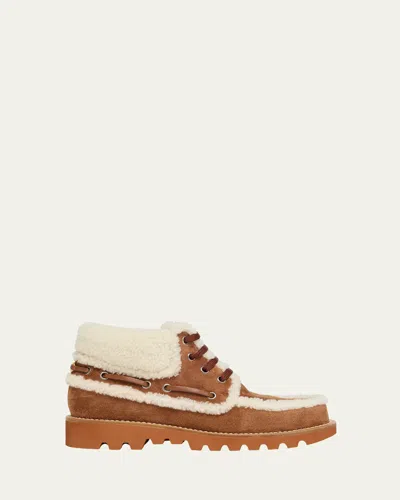 Valentino Garavani Palm Avenue Ankle Boot In Split-grain Leather And Wool 25mm Woman Tobacco/natural In Brown