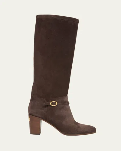 Valentino Pattie Suede Buckle Knee Boots In Brown