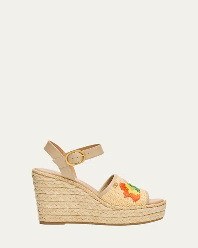 Valentino Bribri Raffia Flower Wedge Espadrille Sandals In Multi