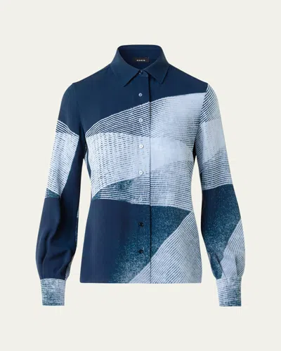 Akris Zigzag Print Silk Crepe Button-down Blouse In Blue