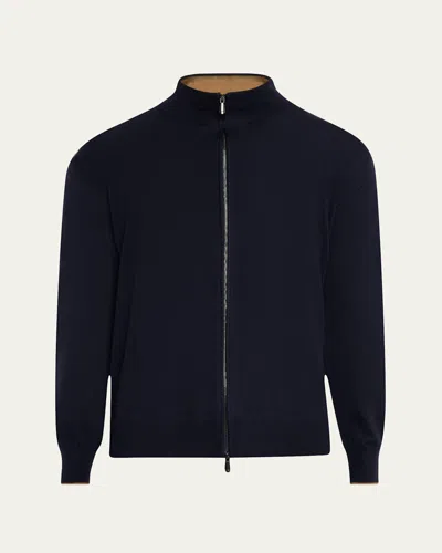 Cesare Attolini Men's Cashmere And Silk Full-zip Sweater In Black
