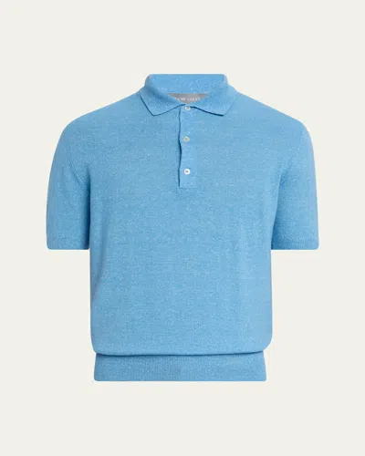 Bergdorf Goodman Men's Cashmere And Linen Short-sleeve Polo Sweater In Blue