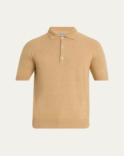 Bergdorf Goodman Men's Cashmere And Linen Short-sleeve Polo Sweater In Neutral