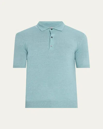 Bergdorf Goodman Men's Cashmere And Linen Short-sleeve Polo Sweater In Blue