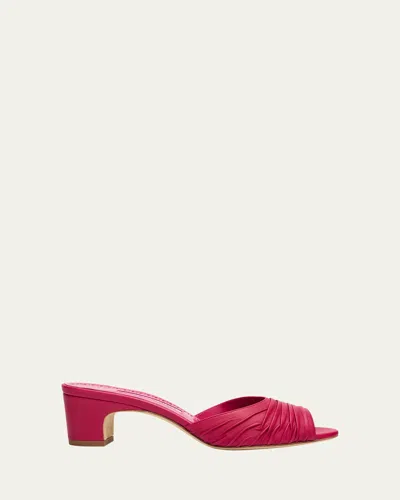 Manolo Blahnik Ruched Leather Slide Sandals In Pink
