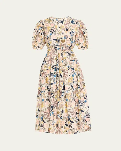 Ulla Johnson Adriana Puff-sleeve V-neck Midi Dress In Multi