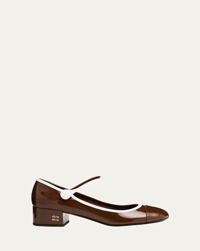 Miu Miu Bicolor Patent Leather Block-heel Mary Jane Pumps In Brown