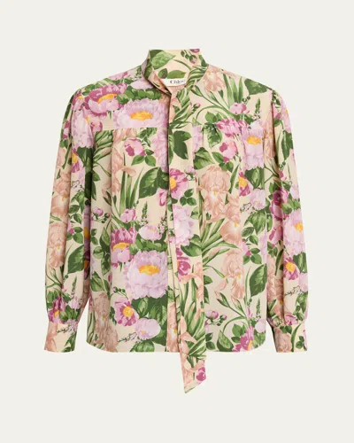 Chloé Floral Silk Neck-tie Button-down Blouse In Multi