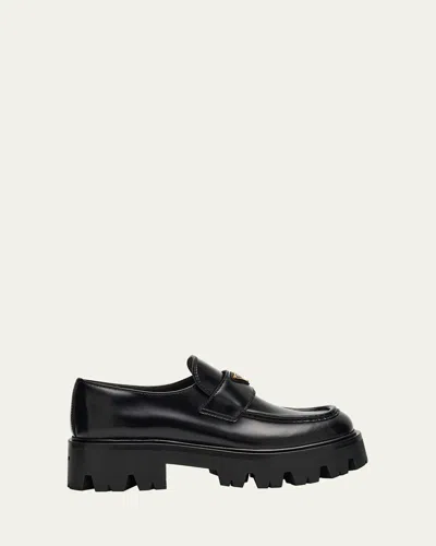 Prada Platform Leather Triangle Logo Loafers In Black