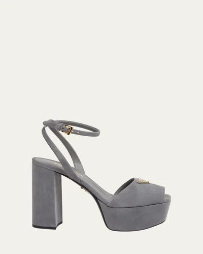 Prada Triangle Logo Suede Ankle-strap Platform Sandals In Gray
