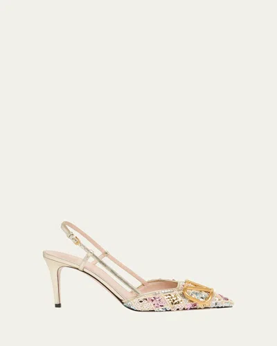 Valentino Vlogo Embellished Metallic Leather Slingback Pumps In Pink