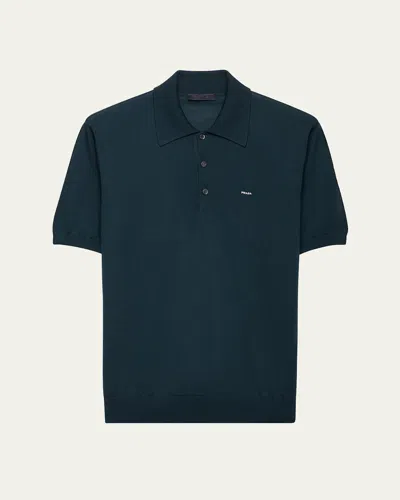 Prada Men's Superfine Wool Short-sleeve Polo Sweater In Green