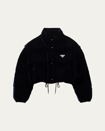 Prada Convertible Cropped Velvet Down Jacket In Blue