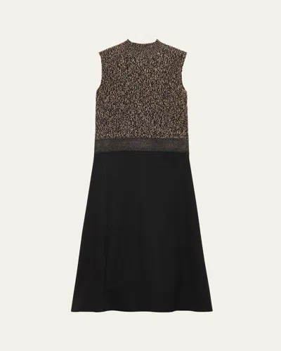 Prada Shetland Mouline Sleeveless Two-tone Midi Dress In Black