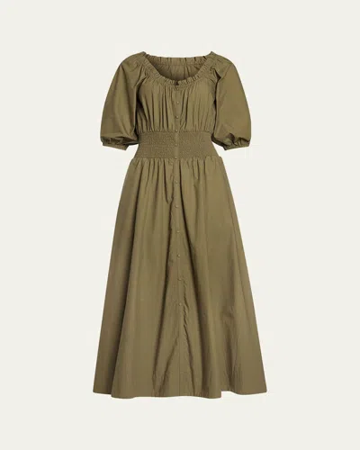 Ramy Brook Laura Cotton Poplin Smocked Maxi Dress In Green