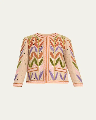 Valentino Beaded Leaf-embroidered Linen Jacket In Multi