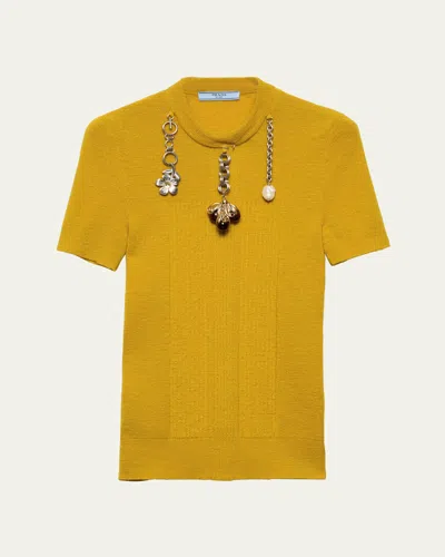 Prada Chain Embroidered Wool Knit Short-sleeve Sweater In Yellow