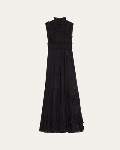 Ulla Johnson Verona Smocked Silk Turtleneck Gown In Black