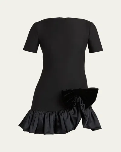 Valentino Velvet Bow Ruffle Short-sleeve Mini Dress In Black