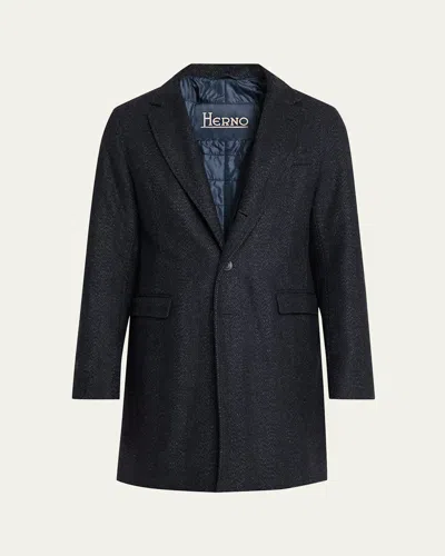 Herno Men's Wool-blend Herringbone Top Coat In Blue