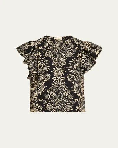 Ulla Johnson Severine Flutter Sleeve Top In Noir Flora