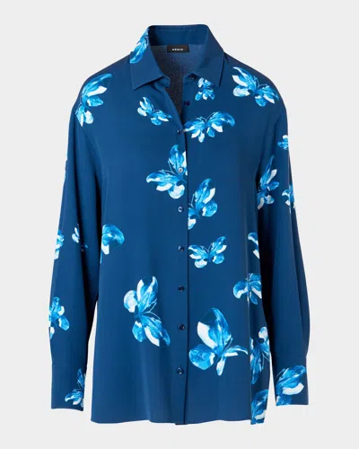 Akris Exclusive Butterfly-print Silk Button-down Shirt In Blue