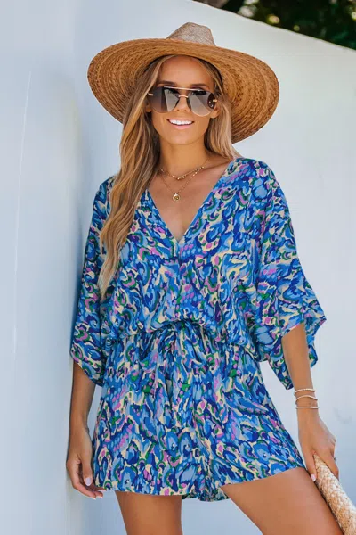 Cupshe Abstract Print Drawstring Romper In Blue