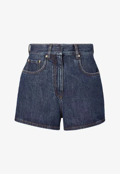 Fendi Logo Patch Mini Denim Shorts In Blue