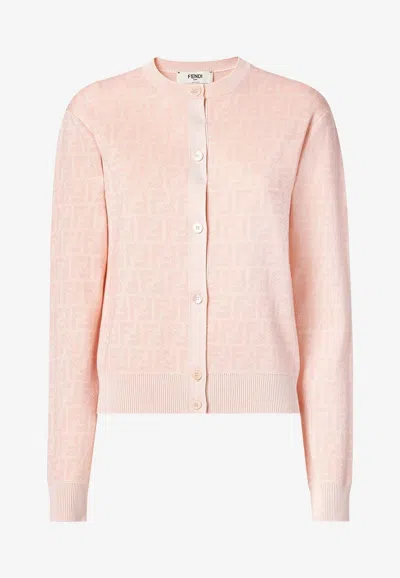 Fendi Ff Jacquard Wool Cardigan In Pink