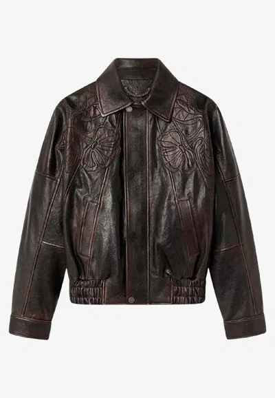 Golden Goose Db Floral Embroidered Jacket In Vintage Leather In Brown