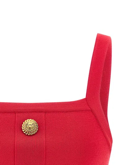 Balmain Ribbed Crop Top Gold Button Square Neckline In Red