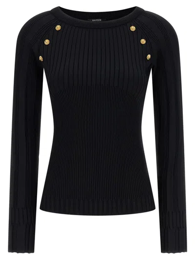 Balmain Sweater Three Buttons Crew Neck Ribbed In Black