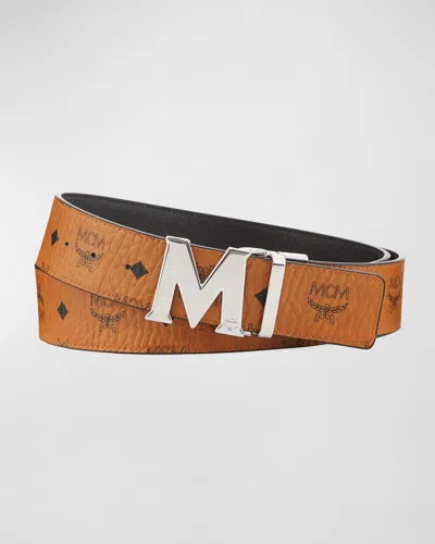 Mcm Visetos Engraved Logo Buckle Reversible Belt In Brown