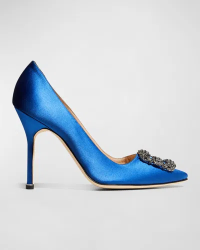 Manolo Blahnik Satin Hangisi 105 Pumps With Jewel Embellishment In Blue