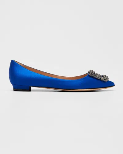 Manolo Blahnik Hangisi Crystal-buckle Satin Flat In Blue