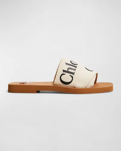 Chloé Woody Flat Logo Ribbon Slide Sandals In White